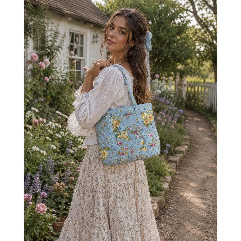 Floral‎ Quilted Mini Tote Bag Cotton Cottagecore Shabby Chic Prairie Blue Small